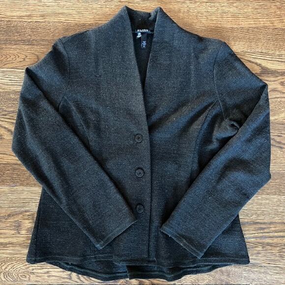 Eileen Fisher Wool High Collar Blazer Jacket Womens PM Dark Gray Button Front - Picture 1 of 8